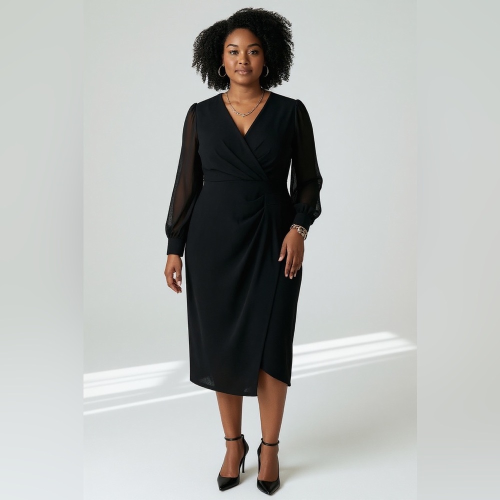 Tommy Hilfiger Black Wrap Sheath Long Sleeve Dress Size 12 Elegant Party Dress